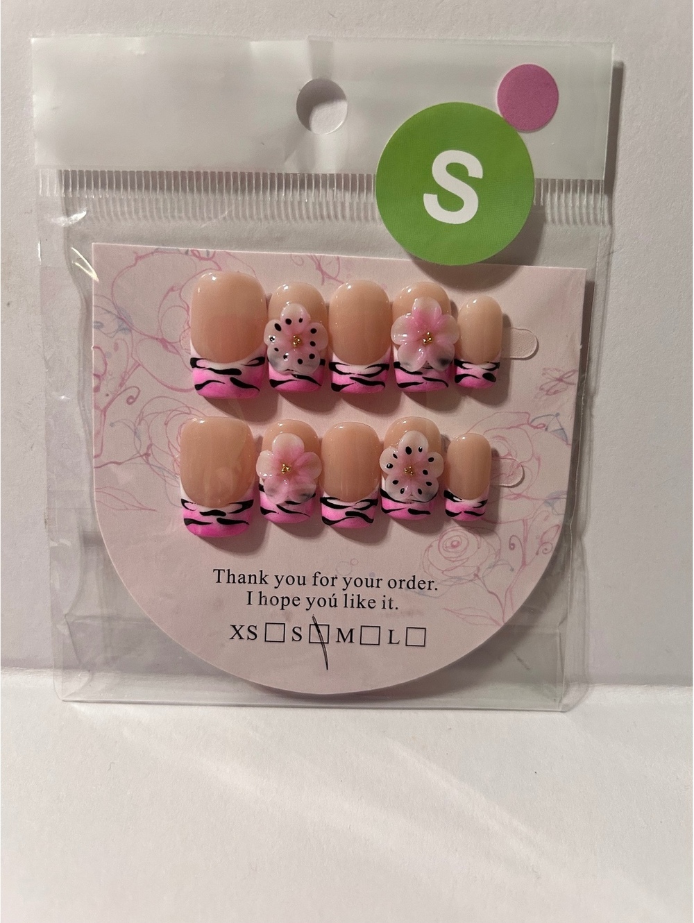 Small Size Pink Zebra Print False Nails with 3D Flower Accents